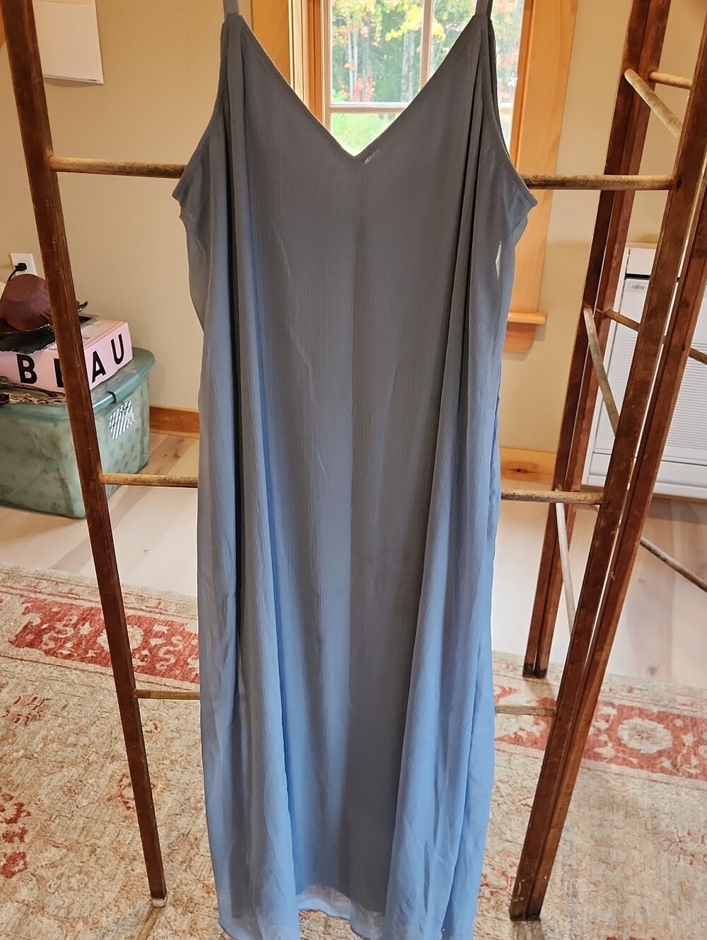 Vince Camuto Steel Blue V-Neck Maxi Slip Dress with Adjustable Straps